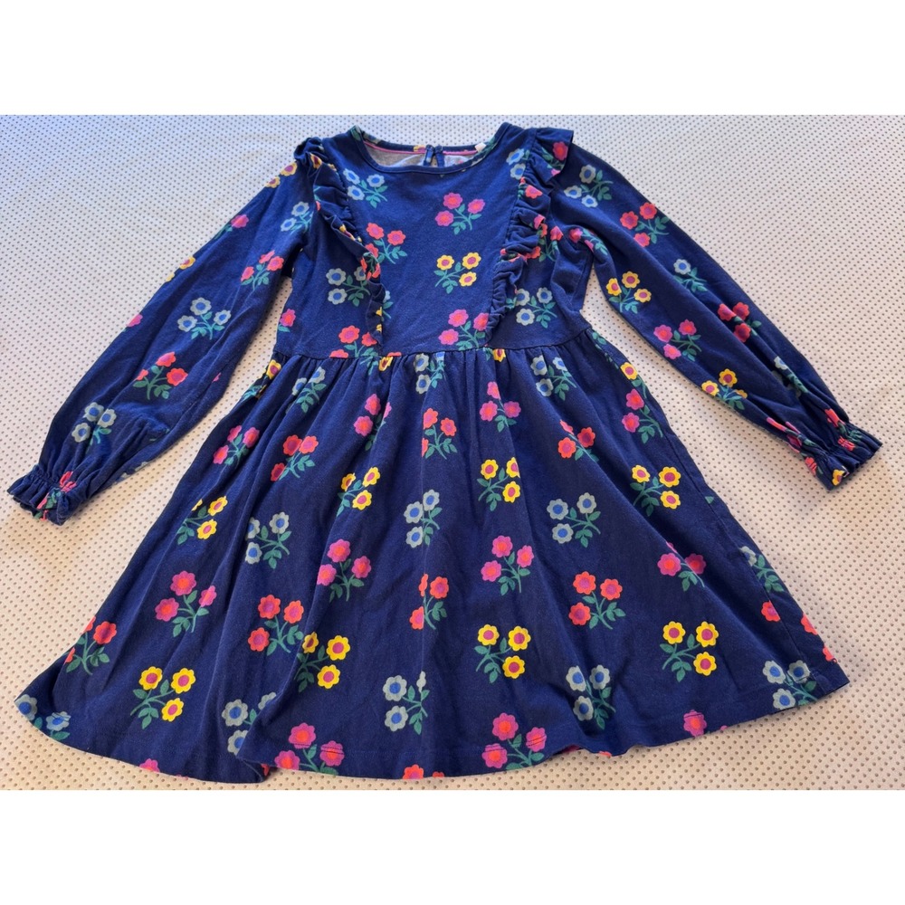 Mini Boden Girls Navy Blue Floral Ruffle Jersey Dress Long Sleeve Size 7-8Y
